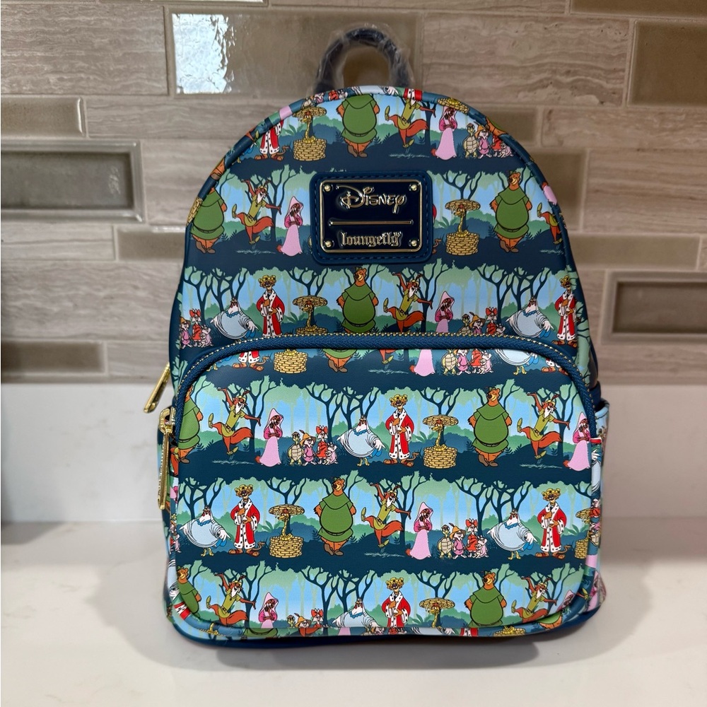 LOUNGEFLY Disney ROBIN HOOD Sherwood All Over Print Mini Backpack 🆕🆕🆕🆕 - Picture 2 of 9